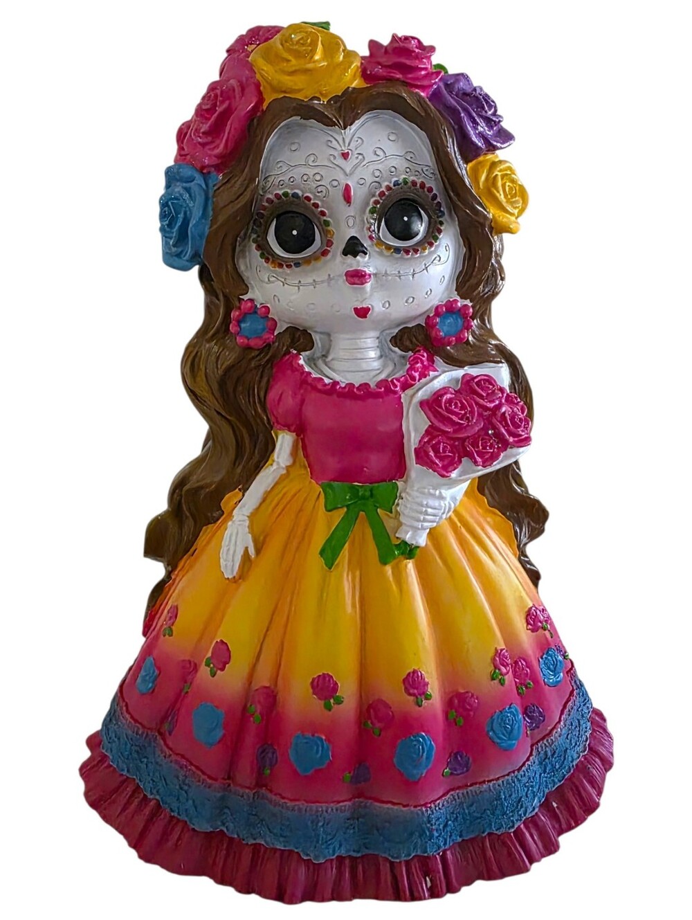Day of the Dead Catrina w/ Flower Bouquet Girl Figurine Pink Blue Yellow Dress